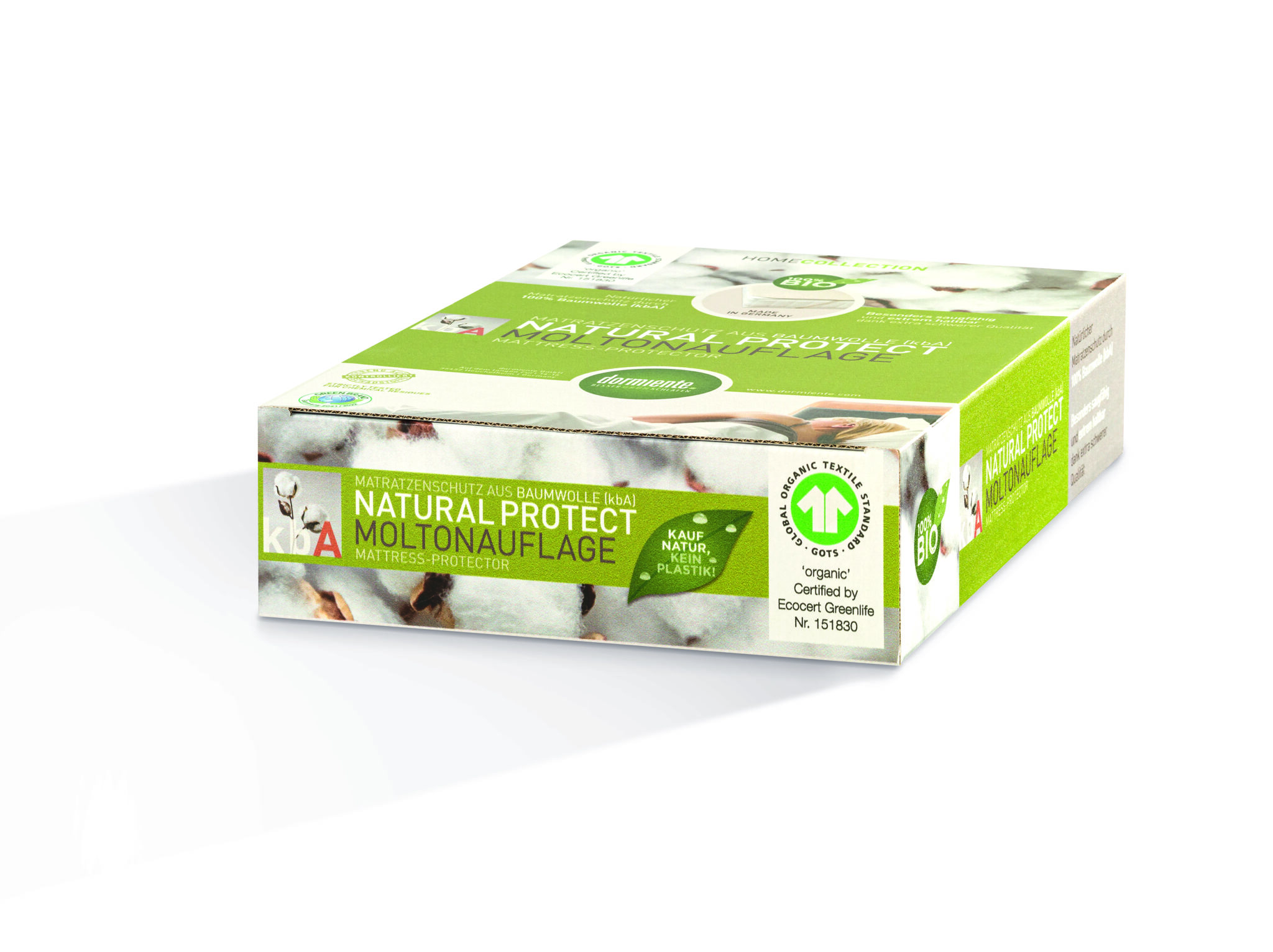 Dormiente-MOLTON-VERPACKUNG_NATURAL PROTECT_2022_liegend Dormiente Moltonauflage im Onlineshop von Daunenspiel